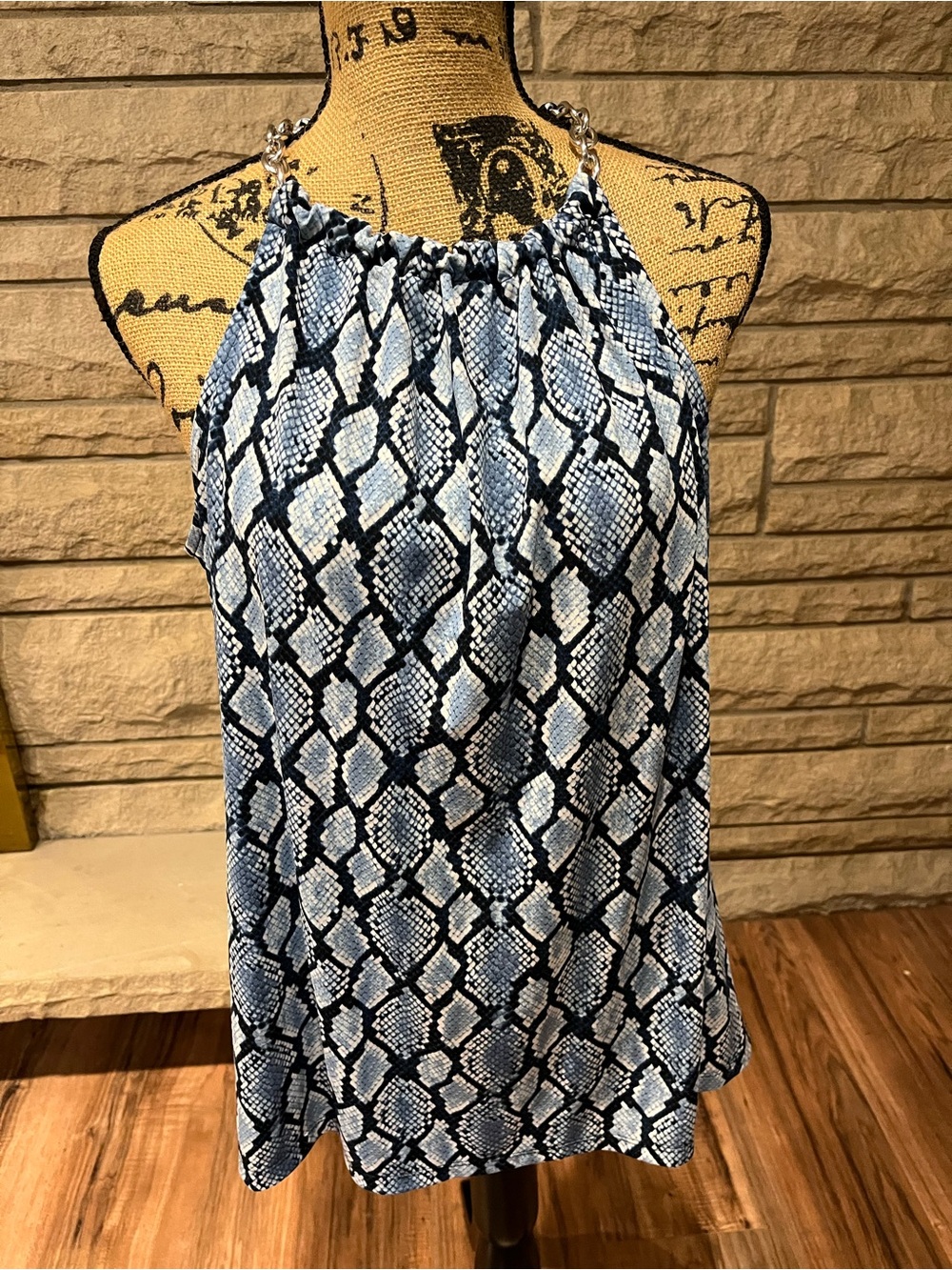 MICHAEL Michael Kors Blue Hues Snake Skin Print Chain Strap Blouse Tank Top L